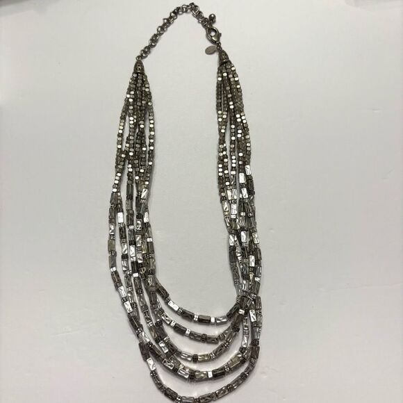 Chico’s Women's Silver Tone Multi Strand Metal Tube Beaded Necklace - Picture 1 of 8